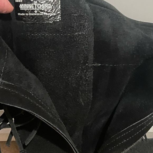 Minnetonka Boots Womens 6 3 Tier Moccasin Tall Boots black suede leather - Picture 5 of 7